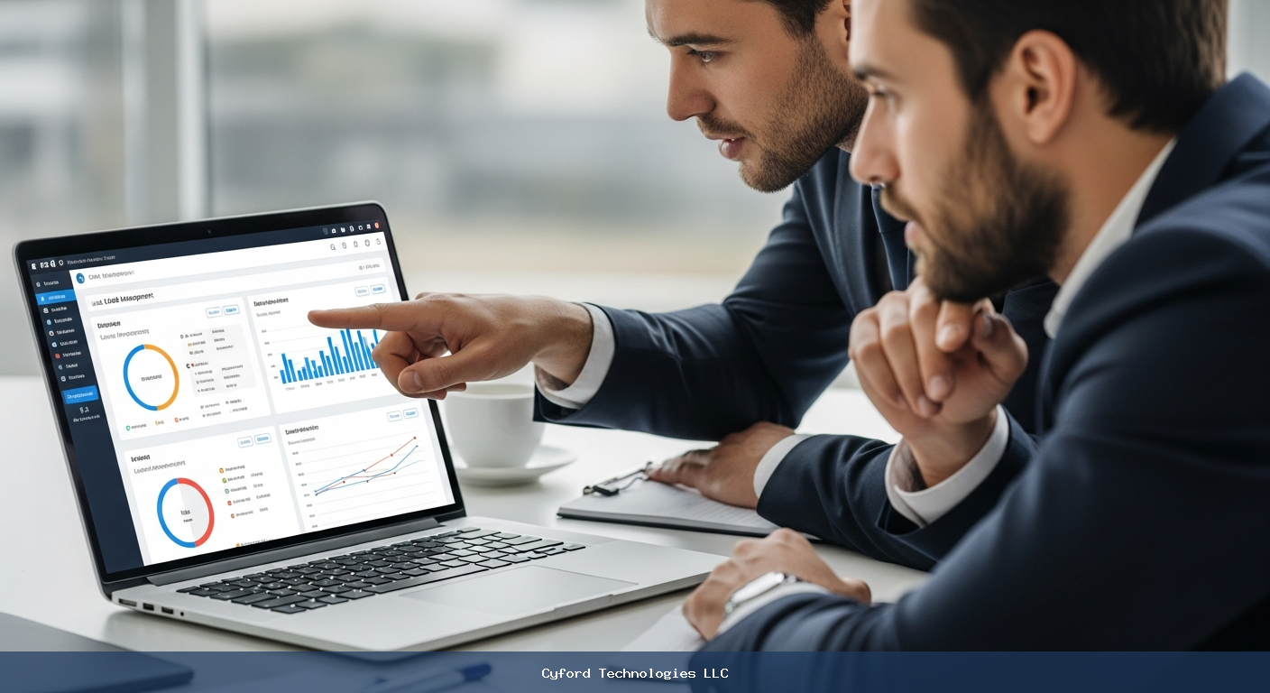 business professionals analyzing CRM dashboards and lead management charts on a laptop